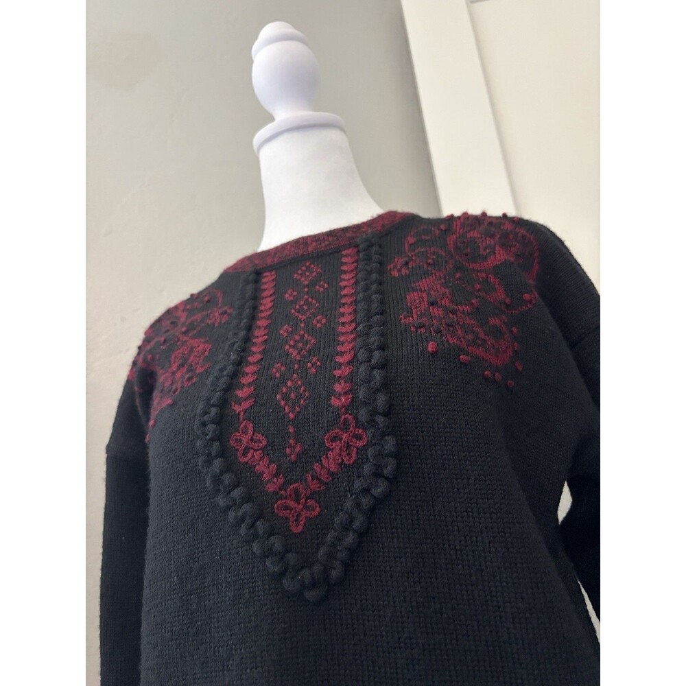 Vintage NOS Susan Bristol Wool Sweater 38 Hand Embroidered Folk 90s Black Red - Picture 11 of 12
